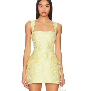 Amanda Uprichard Lemon Brocade Square-Neck Mini Dress